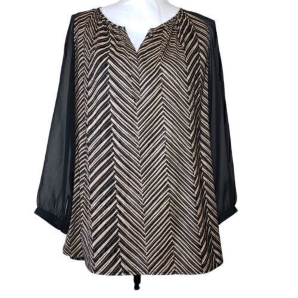 Ann Taylor Black Light Brown Long Sheer Sleeve Blouse Chevron Pattern Sz Medium